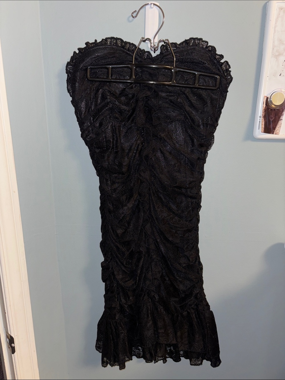 Black Lace Strapless Ruffled Mini Dress